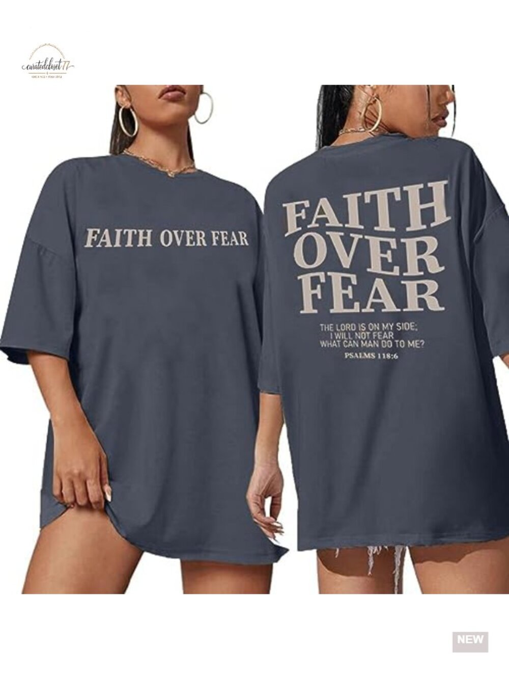 Faith Over Fear Christian Graphic Tee Oversized Drop Shoulder Cotton Blend